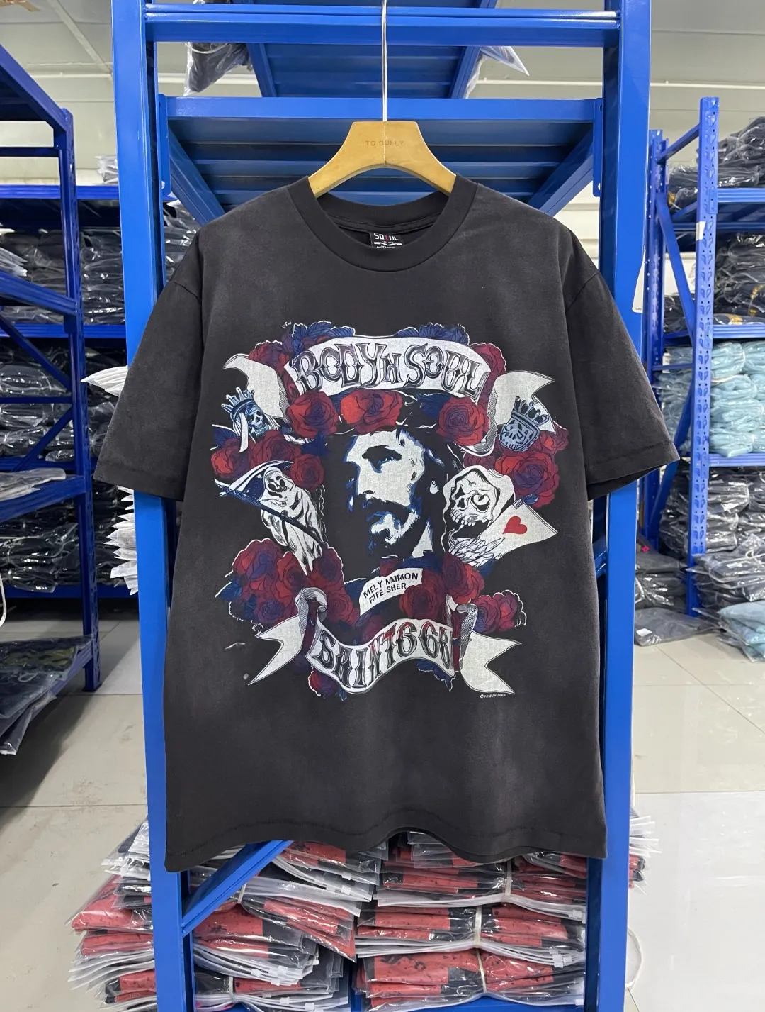 Spot ST419 style washed gray P146 Saint Michael 25SS "body&soul" Jesus portrait printed washed and aged T-shirt Size S-M-L-XL
